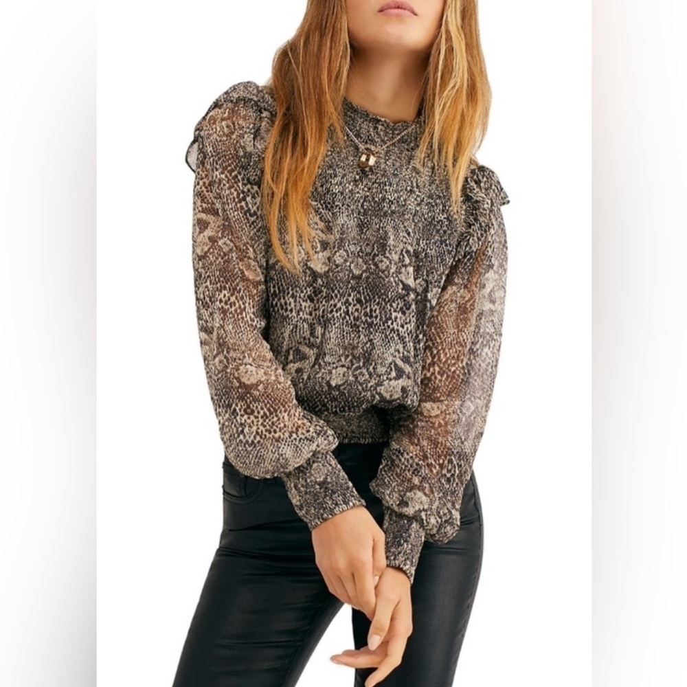 Free People Roma Chiffon Snake Combo Ruffle Puff Sleeve Blouse Black Sz S